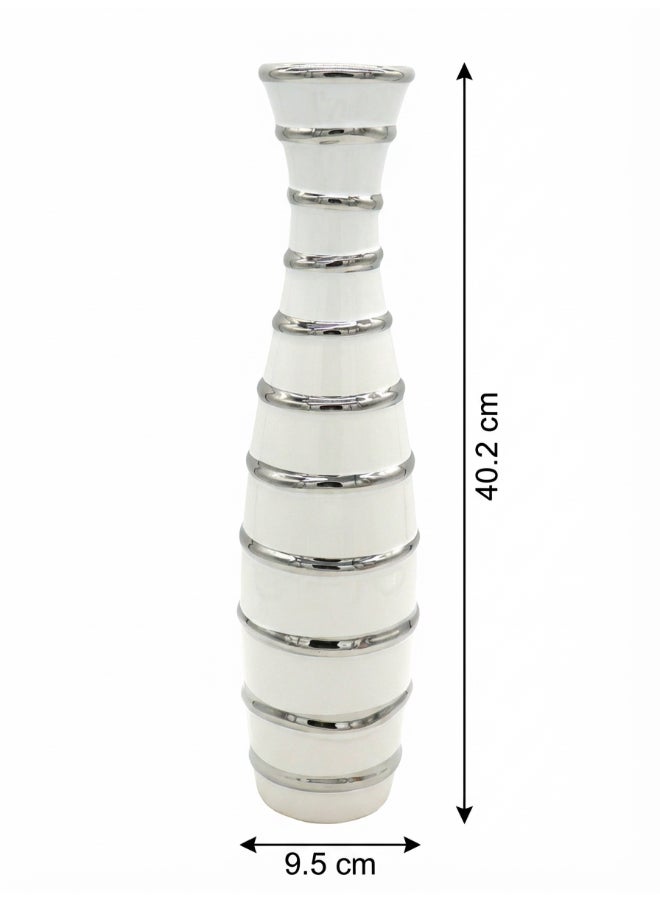 ايست من نون Ceramic Vase for Floral Decorative arrangement, Ht-40 cm |  Silver White Color | Ribbed Rays Design | Size -9.5x9.5x40.2 cm | Perfect for decorativing your living room, Ideal for decorating coffee table, dinning table, console table or any office or living space - Image 5